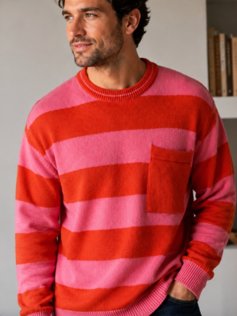 Piombo Pink and Red-Orange Striped Crewneck Sweater